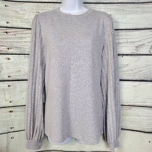 Gray Ribbed Balloon Sleeve Lightweight Sweater Top Size Large